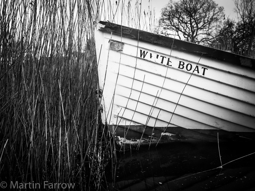 White-Boat 
 White boat in reeds 
 Keywords: Boathouse, Hickling Broad, Norfolk, coast, reeds, thatched, water, winter,boat,white,shore